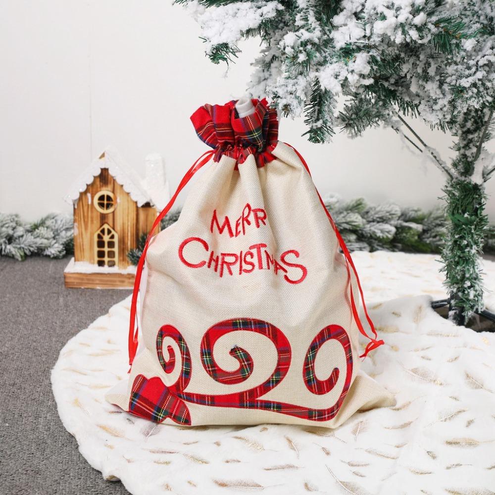 Large Christmas Gift Bag Plaid Applique Drawstring Pocket Candy Bag Christmas Handbag Xmas