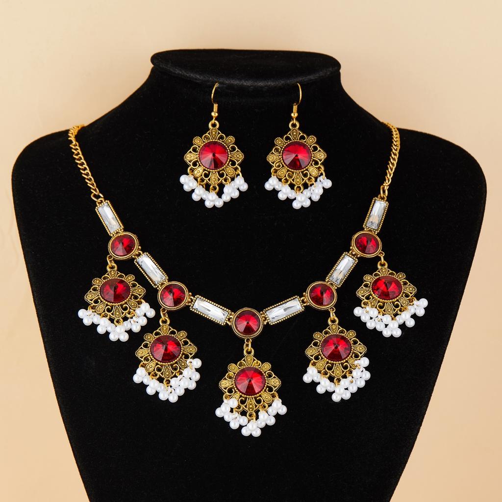 Bohemian Vintage Quasten Halsketten- und Ohrring-Set, Strassstein Ethnischer Stil Schmuck für Damen