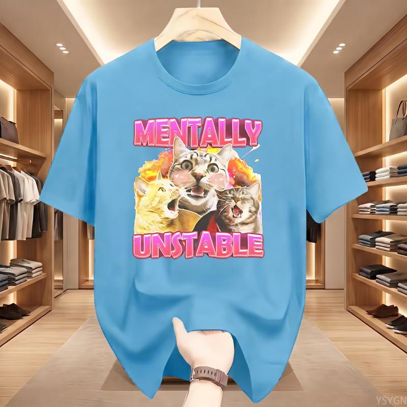 Mentally Cat Meme Aesthetic T Shirts Mens Women Vintage O-Neck Tshirt Short Sleeve Oversized Tshirts