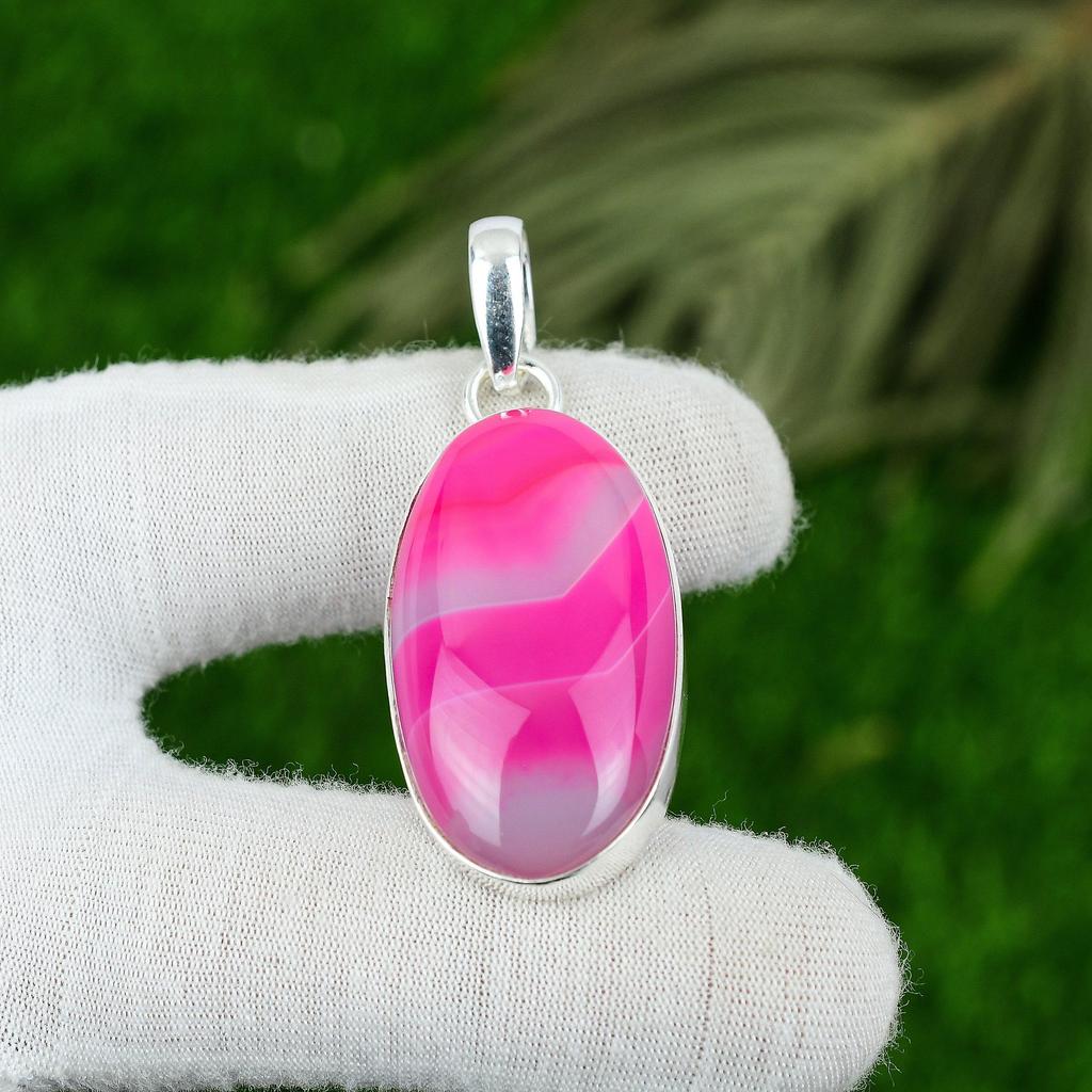 925 Sterling Silver Pink Botswana Agate Stone Bezel Wife Wedding Pendant Jewelry