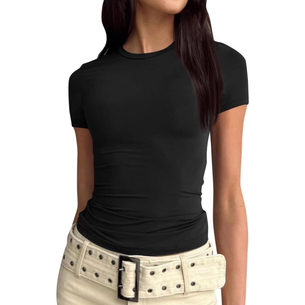 Kadın Kısa Kollu Katı Seksi Sevimli Tee Slim Fit Sıkı Kırpma Üst T Gömlek