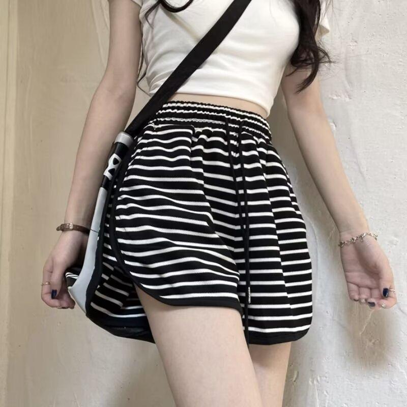 Striped High-waisted Sweatpants for Women Shorts Loose Wide-legs In Summer Casual Slim and Elastic Waist Contrast