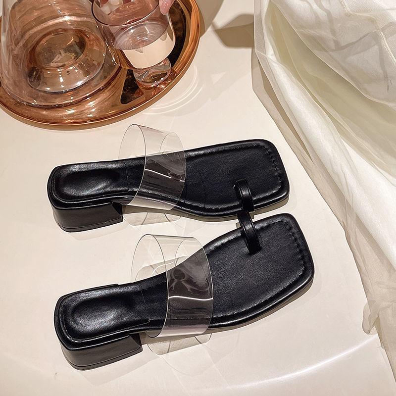 2025 Summer New Fashion One-word Square Head Cover Toe Middle Heel Transparent High Heels Thick Heel Slippers Women's Sandals