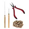 4pcs Hair Wig Plier Curved Tip Wooden Hook Needle Silicone Rings Hair Extension Tools Light Brown