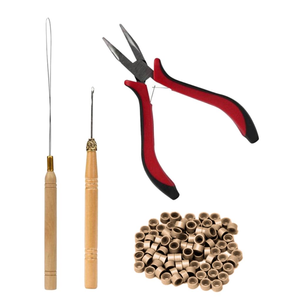 4pcs Hair Wig Plier Curved Tip Wooden Hook Needle Silicone Rings Hair Extension Tools Light Brown