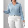 Plus Size Women S Long Sleeve Knit Turn Down Collar Striped Casual Basic Top