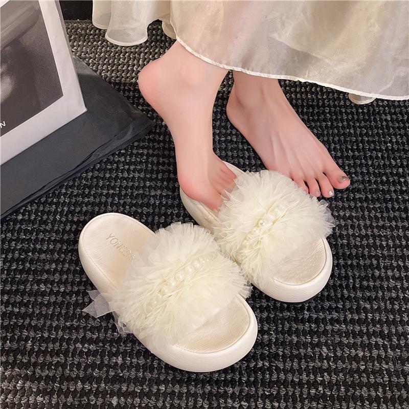 Mesh casual pearl cool slippers women's summer wear small soft bottom comfortable height increase fairy style one-word slippers