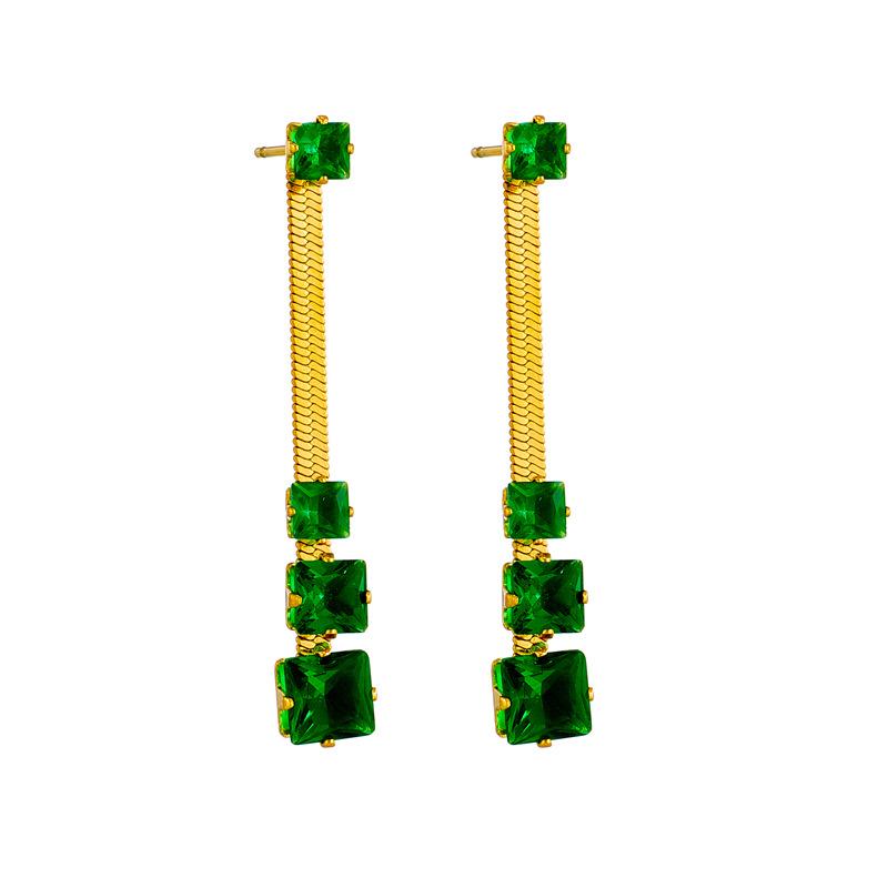 Gold Plated Emerald Cut Green Cubic Zirconia Snake Chain Drop Earrings for Women Stainless Steel