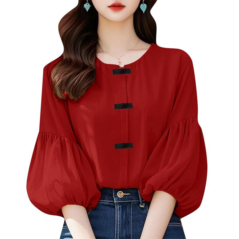 ZANZEA Bluză lejeră cu mâneci 3/4 pentru femei, cu gât rotund