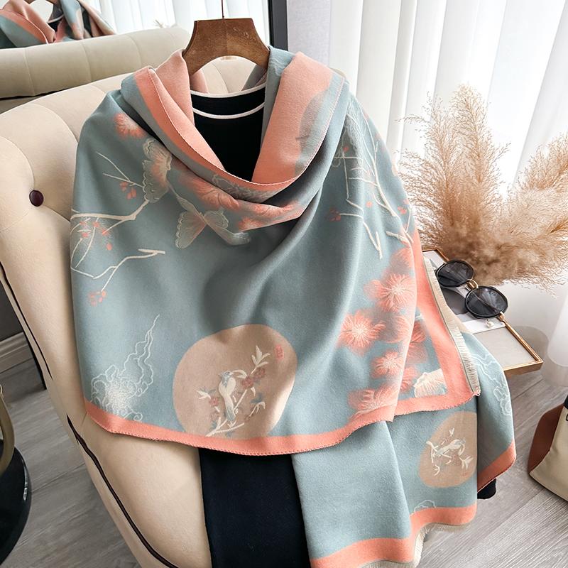 Eșarfă de Toamnă și Iarnă Îngroșată de Designer pentru Femei Eșarfă de Lux cu Flori Față-Verso Faux Cașmir Șal Călduros Nou