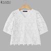 ZANZEA Women Summer V-Neck Short Sleeve Casual Lace Patchwork Blouse