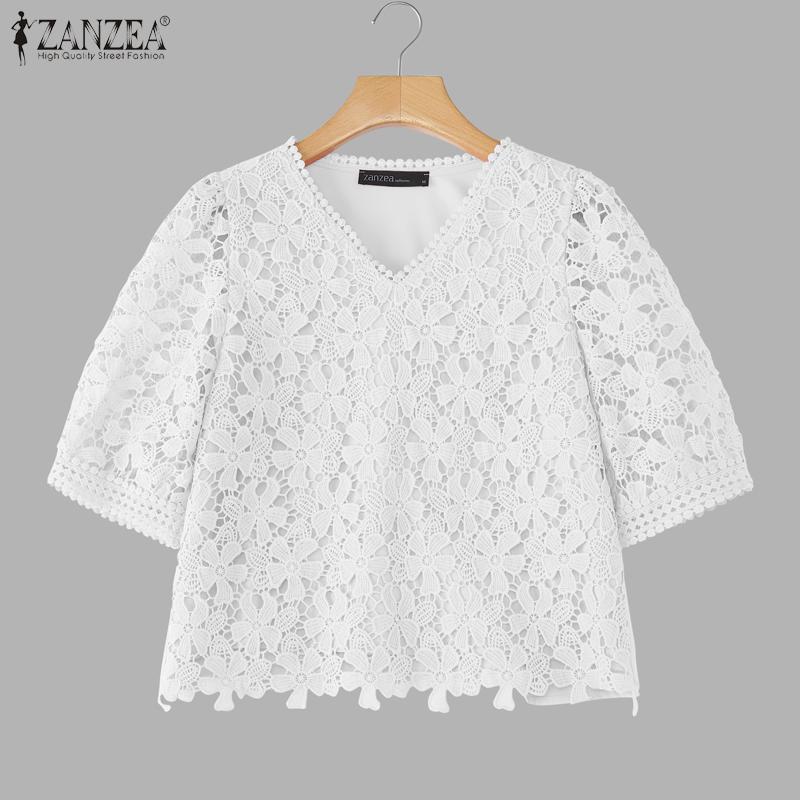 ZANZEA Women Summer V-Neck Short Sleeve Casual Lace Patchwork Blouse
