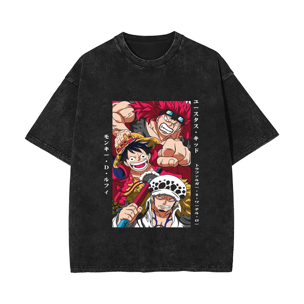 One Piece Luffy Kidd Law Printed Tshirt Mens and Womens Washed Tshirt High Quality Vintage Cotton Tshirt Harajuku Tops