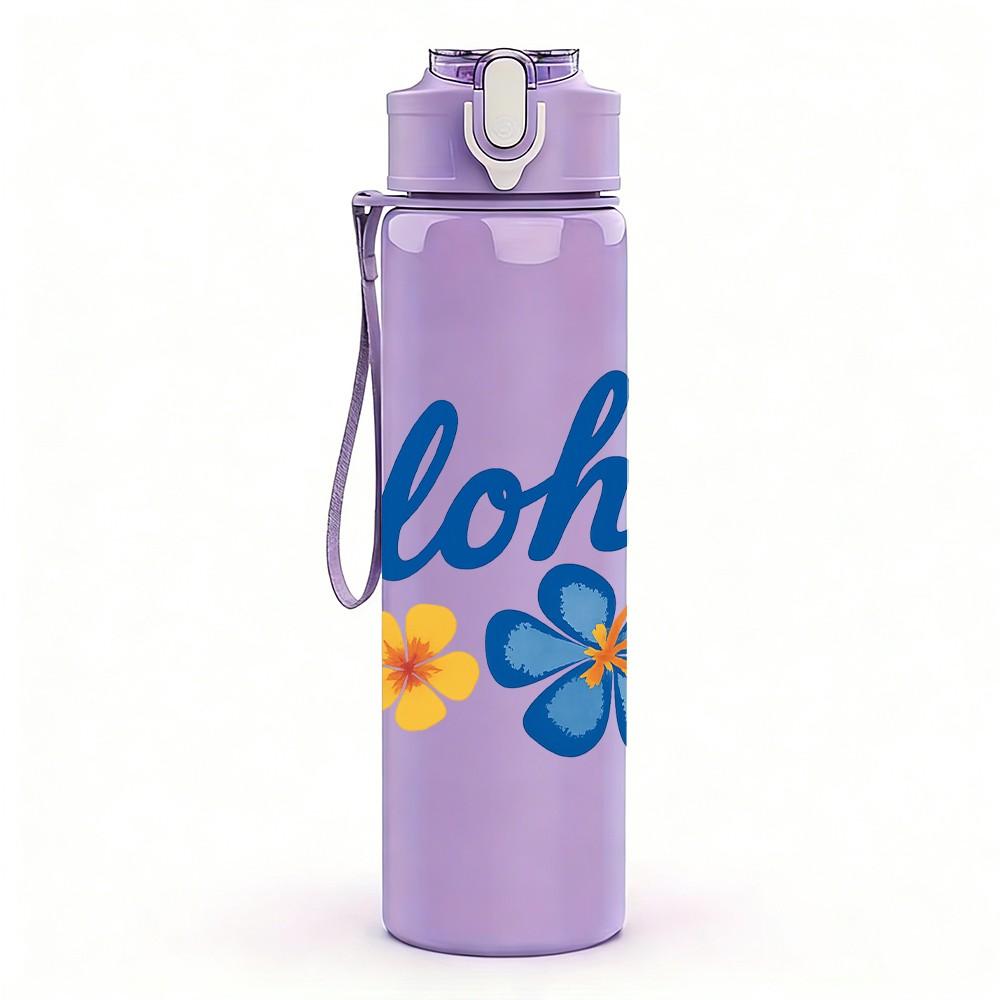 1PC Aloha Blue Flower Letter 750ml Color Plastic Sports Water Bottle Leakproof Flip Straw Lid Suitable for Sports Office Home Use