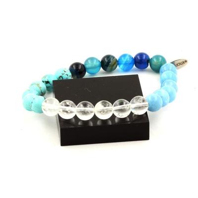 Stones and Minerals. 8 Mm Quartz + Blue Chalcedony + Apatite + Turquoise Pearl Bracelet. Made In France.