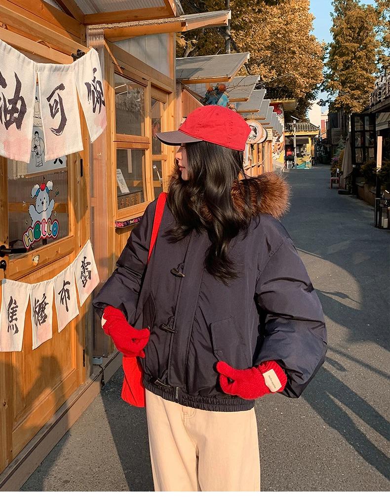 Women’s Short Hooded Windproof Thicken Warm Winter Jacket With Big Fur Lapel