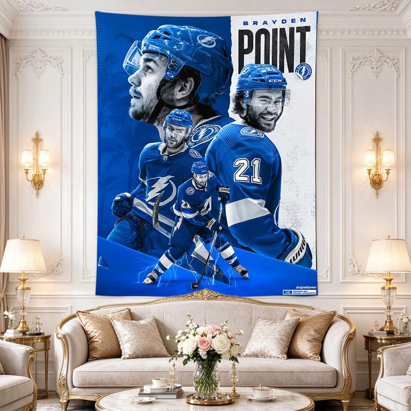 Tampa Bay Lightning poster arranges blue-clad players with number 21 Point prominent over white, electric blue ice sport art Tapestry