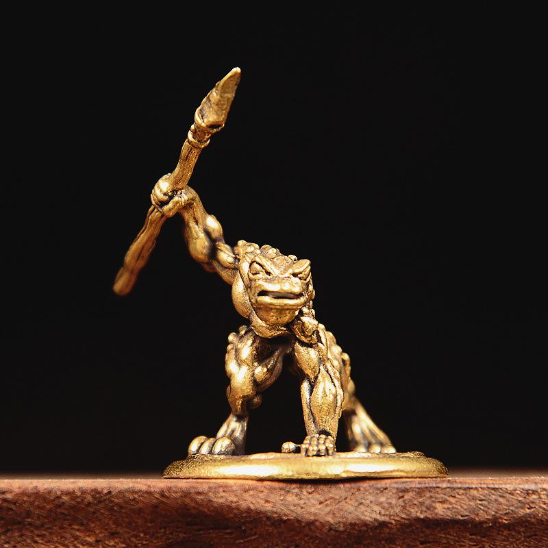 Solid Brass Toad Warrior Small Statue Desktop Ornament Vintage Animal Miniatures Figurines Home Decoration Crafts Tea Pet Decor