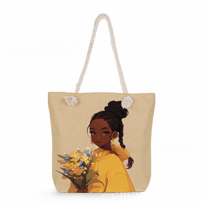 Multifunctional Black Girl Printed Thick Rope Shoulder Beach Bag 7577