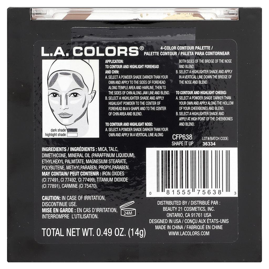 L.A. Colors, Sculpt + Contour, 4-Color Contour Palette, CTP638 Shape It Up, 14g (0.49oz)