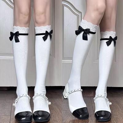 Woman Lace Bowknot Lolita Cute Middle Tube White Socks Sweet JK Girl Black Stockings
