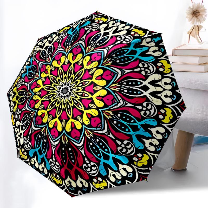 1pc Sturdy 8-Bone Auto Umbrella, Colorful Flower Mandala Umbrella, Digital Printed, Foldable Umbrella for On-the-Go Outdoor Use