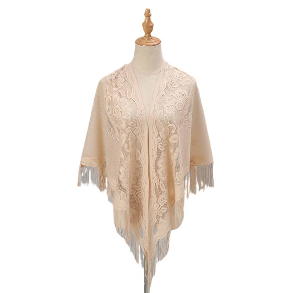 1116  Women Party Shawl Flower Embroidery Hollow Out Tassel See-through Solid Color Clothes Matching Cardigan Prom Scarf Lady