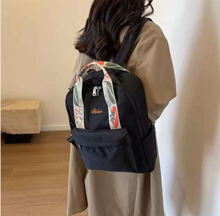 Nylon Fabric Fashion Backpack For Women Floral Hand Strap Pure Color Large Capacity Travel Bag Multi-pocket School Book Rucksack