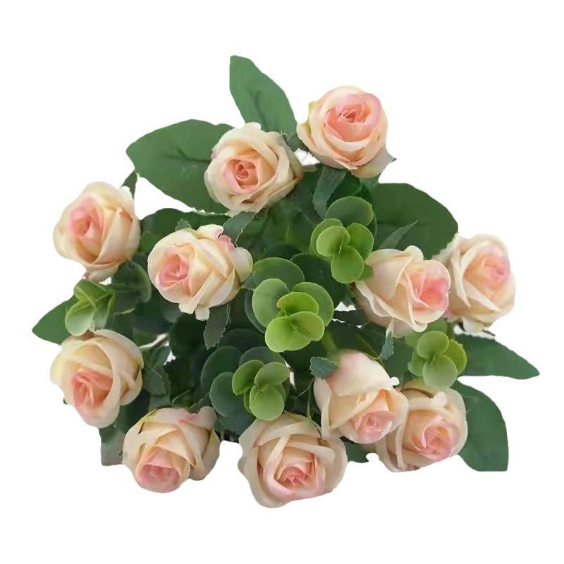 Künstlicher Eukalyptus- und Rosenblütenzweig: 5 Gabeln mit 11 Blumen für Haus- und Hochzeitsdekoration.