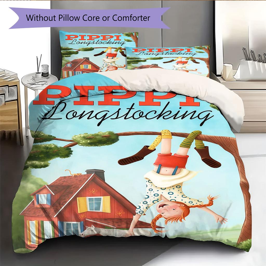 Pippi Book Pattern Bedding Home Decoration Birthday Gift ( 1 duvet cover + 2 pillowcase, without core),fan merchandise.