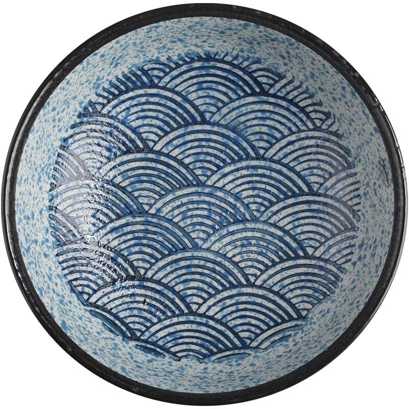 Ruhan Japanese Ceramic 8-inch Deep Plate Set with Sea Wave Pattern