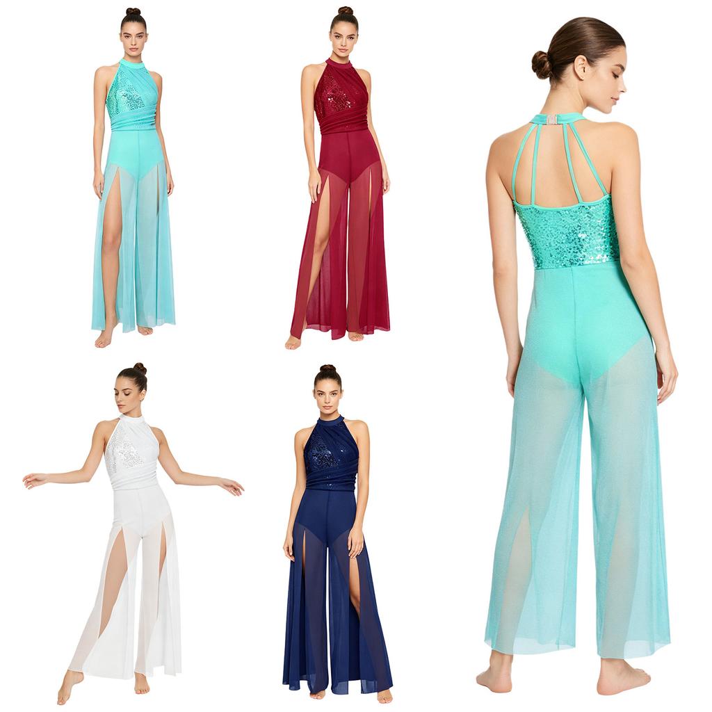 S-3XL Lyric Modern Dance Bodysuit Halter Mock Neck Sleeveless Sequin Embellished Strappy Back Mesh Wide Leg Jumpsuit One Piece Dancewear