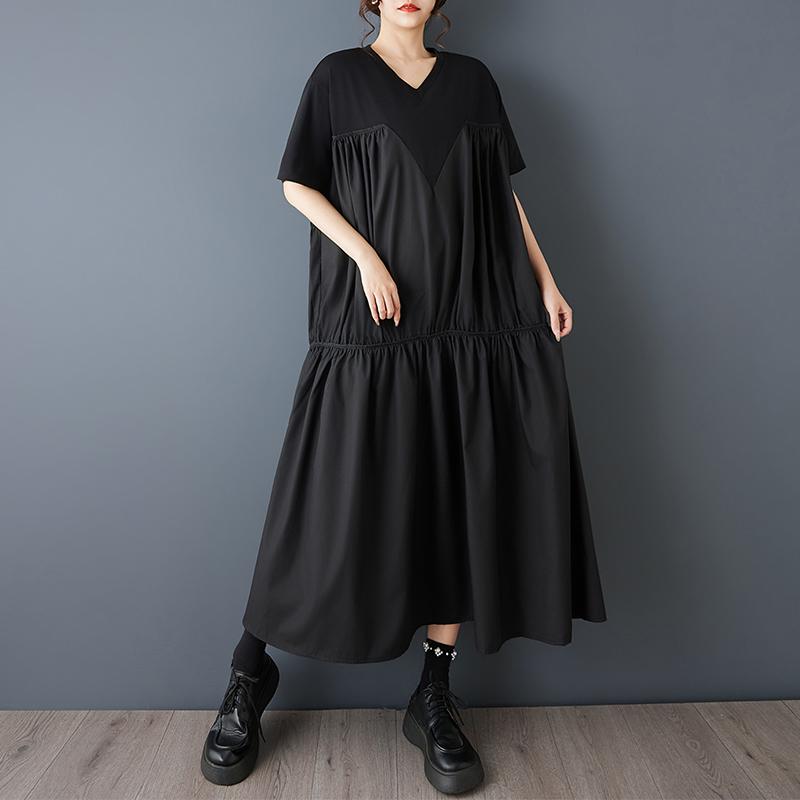 DIMANAF 2026 New Spring Summer  Plus Size Women Black Dress Fashion Lady Loose Casual Long Dress Solid Pleated Skirt