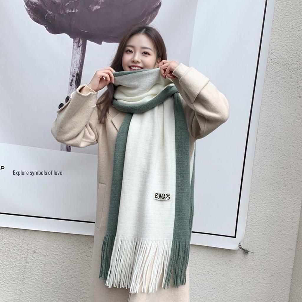 Korean Style Thick Color Block Knitted Scarf for Women, Classic Versatile Imitation Cashmere Winter Shawl