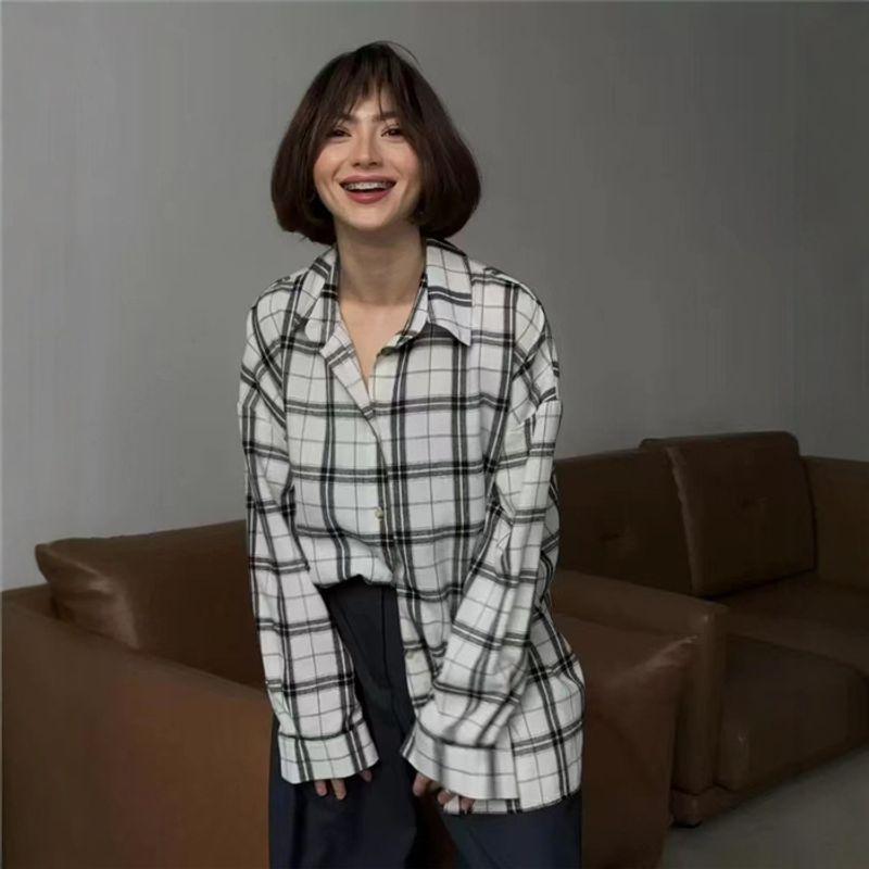 Fashion Retro Plaid Loose Long Sleeve Shirt Shirt Women Oversize Blouse Shirt Women