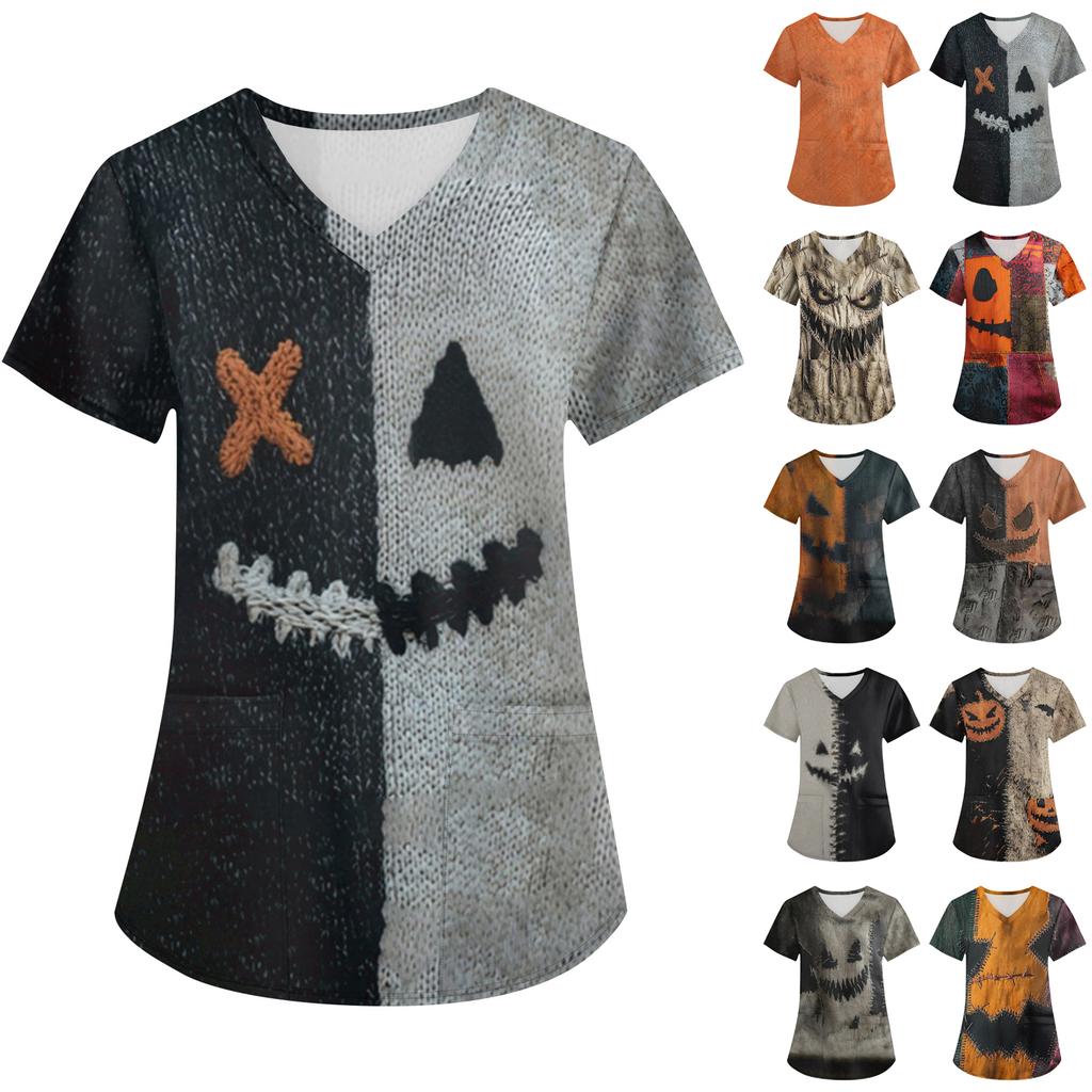 Women's Printing Uniform Work Uniform V-neck Pockets Basic Short Sleeve Pullover Top