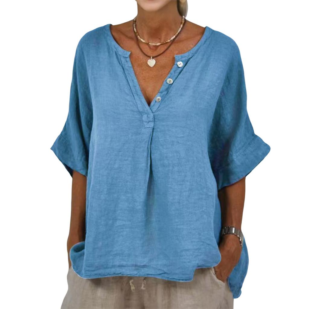 Tricou de damă cu mânecă medie din bumbac și in, culoare solidă, cu guler în V, cu nasturi