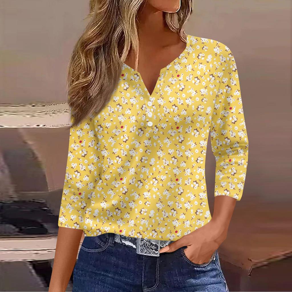 Ladies Casual Fashion V-neck Loose Versatile Floral Print Three-quarter Sleeve Top