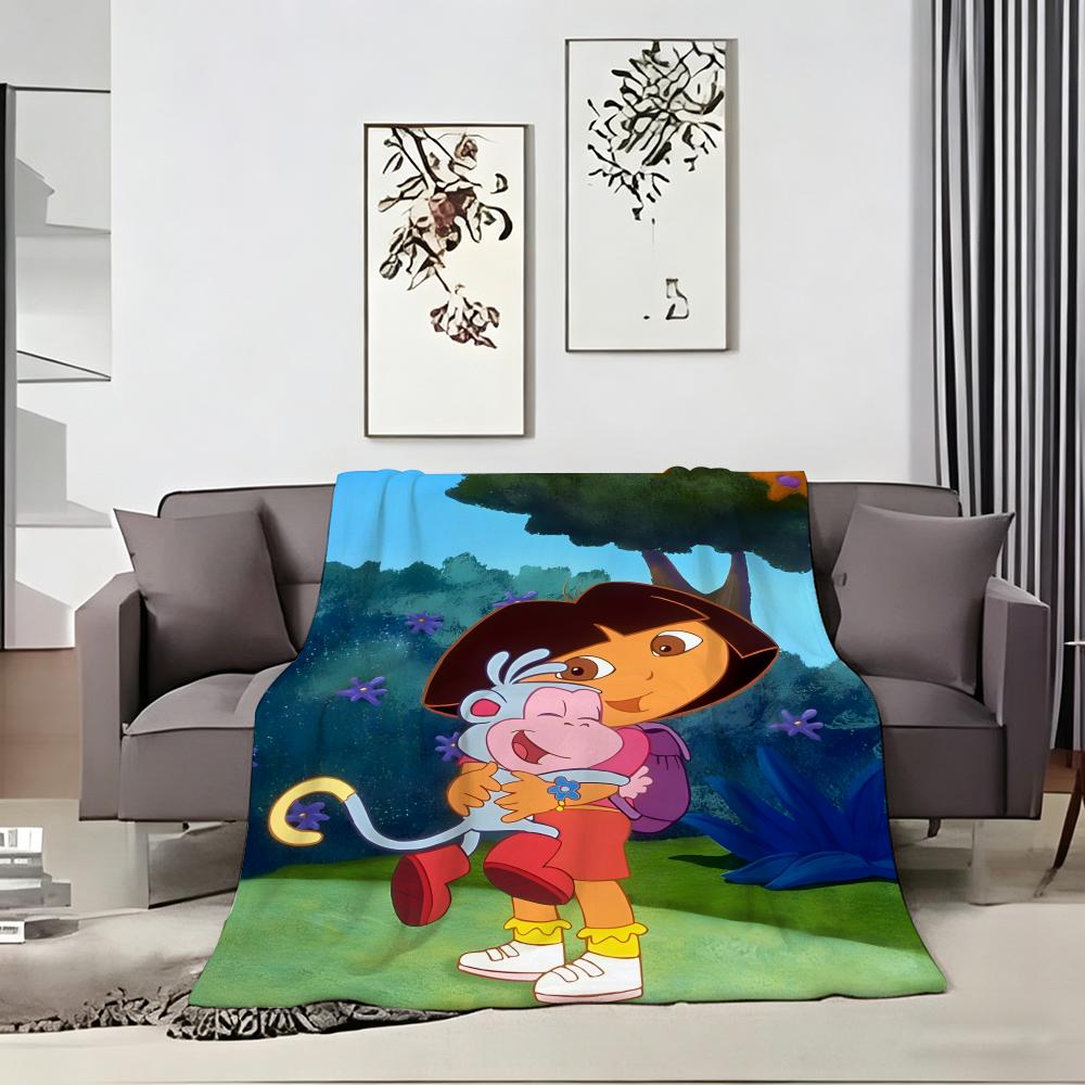 2DHand drawn Cartoon D-Dora the Explorer Throw Lightweight 240g Flannel Blanket Soft Skin-friendly for Summer Cooling