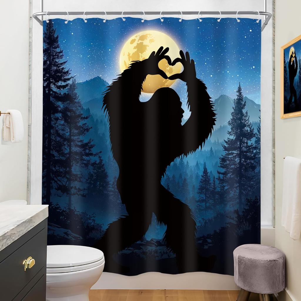 Bigfoot Duschvorhang Mondlicht Wald Silhouette Monster Tierwelt Szene Nachthimmel Badezimmer Dekoration Wasserdichtes Gewebe Mysterietier