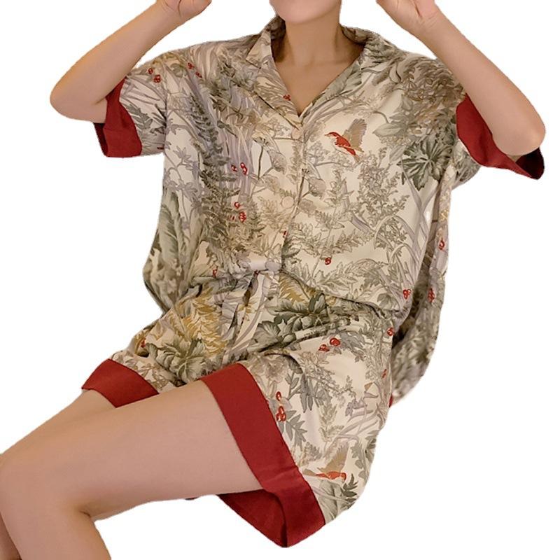 Summer Pajamas Women'S Short-Sleeved Shorts Lapel Cardigan Can Be Worn Outside The Bird Loungewear Set