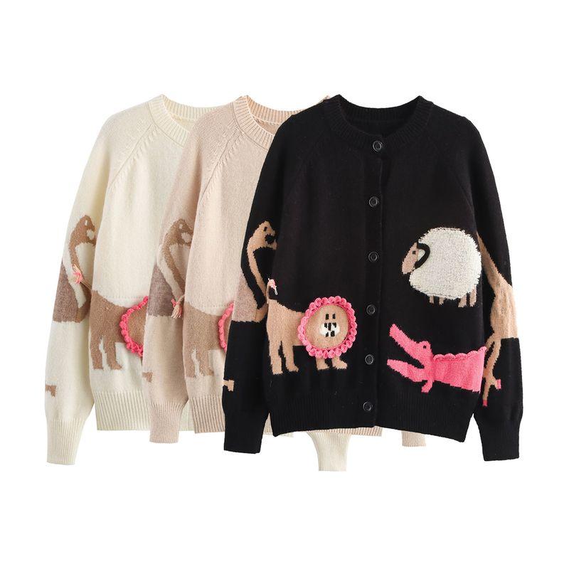 Kaslead New Women clothes Western Style Zoo Stereo Jacquard round Neck Long sleeve Knit cardigan Outerwear