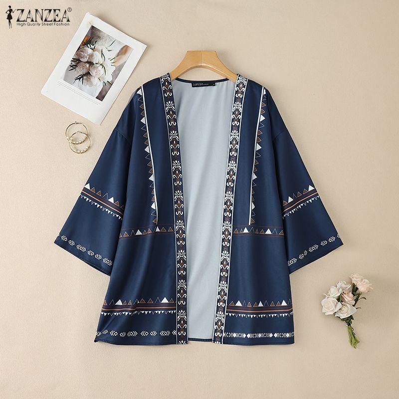 ZANZEA Womens Casual Open Front V-Neck 3/4 Sleeve Beach Cover Up Cardigan Blouse