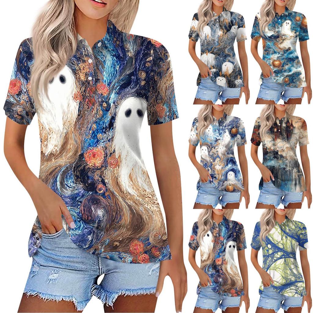 Women's Fashion Casual Lapel Short Sleeve Printed Shirt Women's Button Up Tops