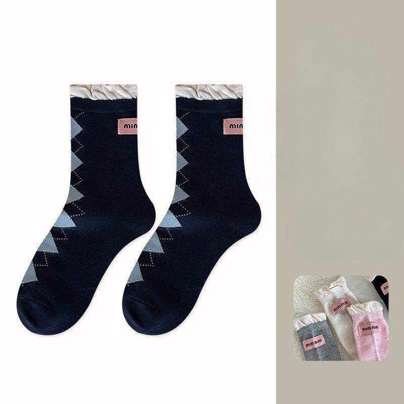 

Осенне-зимние женские хлопковые носки до середины икры, школьные трендовые носки с ромбовидным узором в форме буквы М 1 pair чёрный