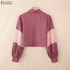 ZANZEA Women Casual Stand Collar Patchwork Loose Long Sleeve Tee Tops