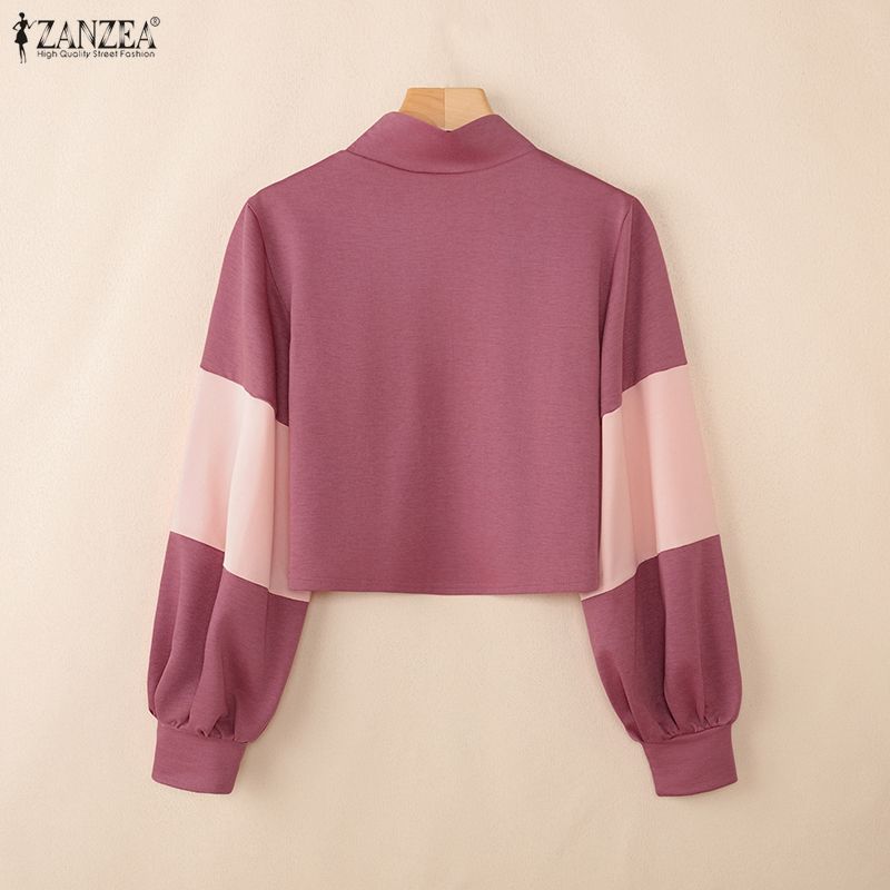 ZANZEA Women Casual Stand Collar Patchwork Loose Long Sleeve Tee Tops