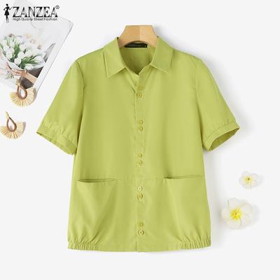 Women Casual Turn Down Collar Solid Color Short Sleeve Blouse