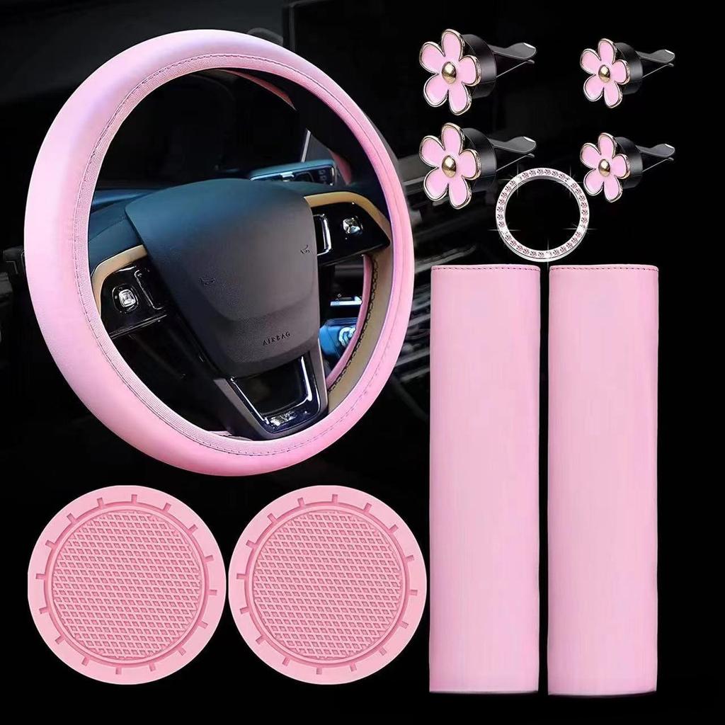 10Pcs Car Accessories Set Steering Wheel Cover Safety Shoulder Clip Cup Holder Start Button Clip Air Vent Flower Decor Covers