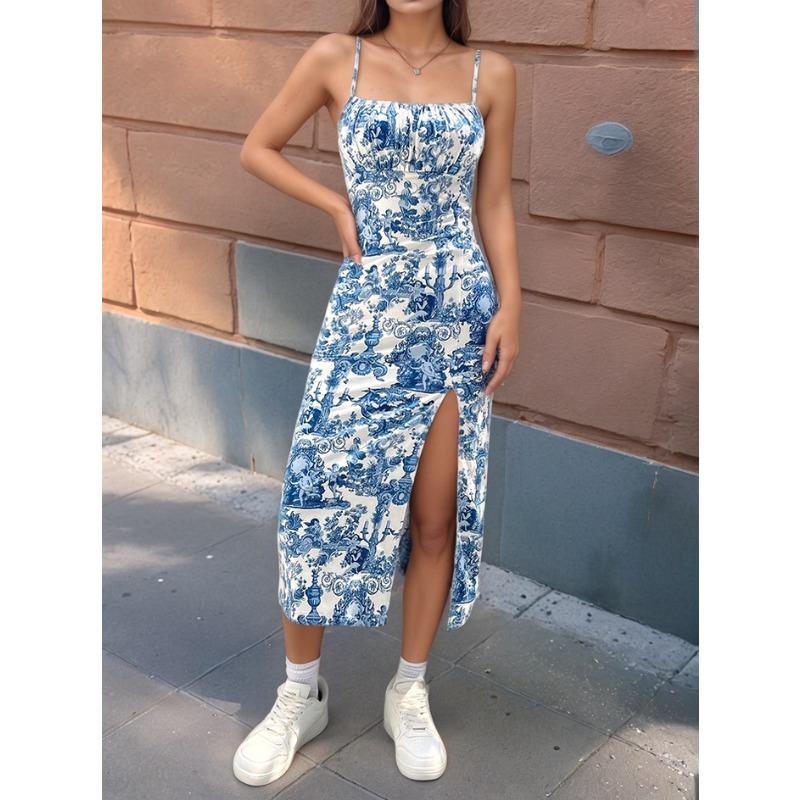 YYFS Damenmode Sommer Frühling Blumenmuster Druck Ärmellose Hosenträger Hohe Taille Freizeitkleider